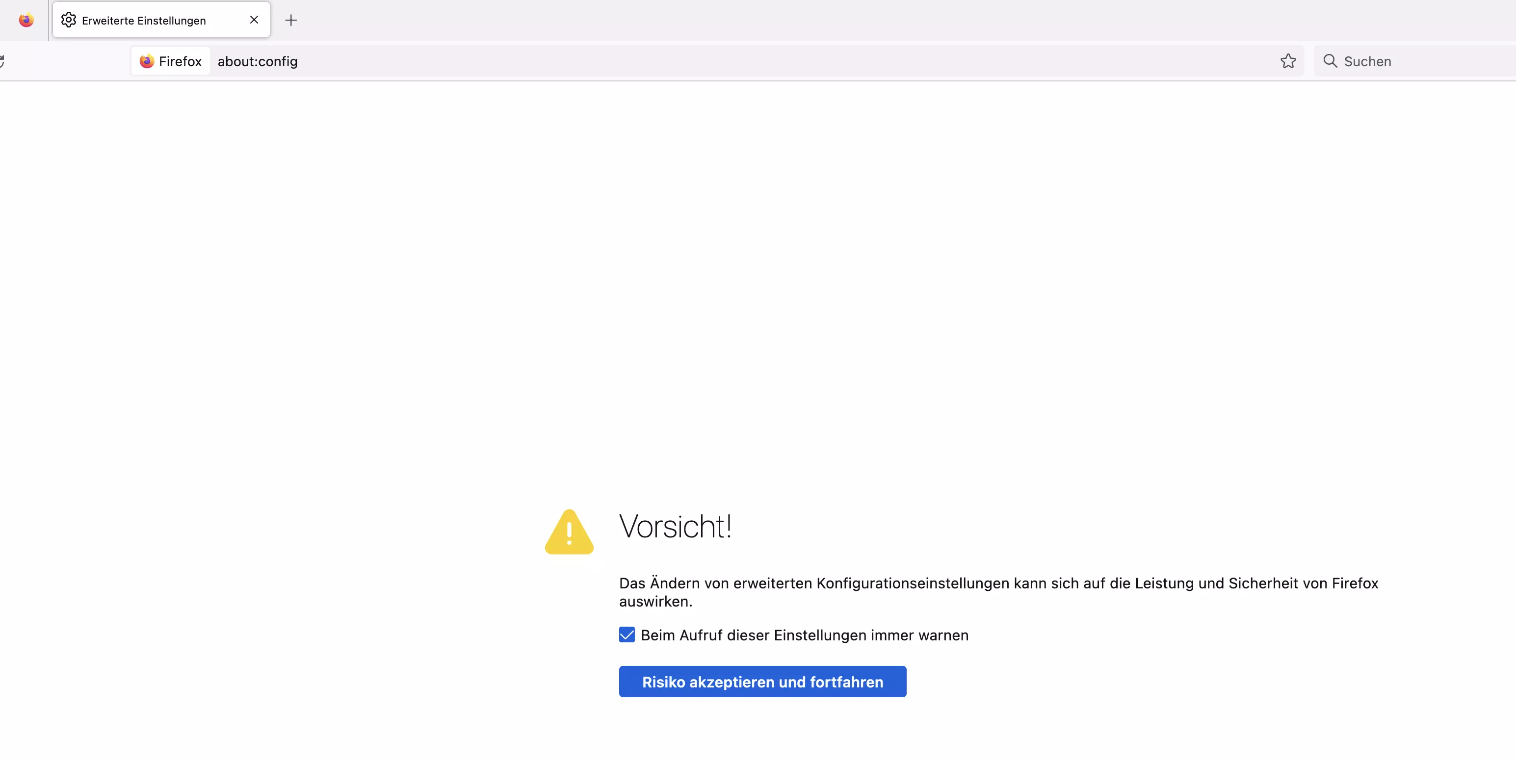 Screenshot der Warnmeldung unter about:config