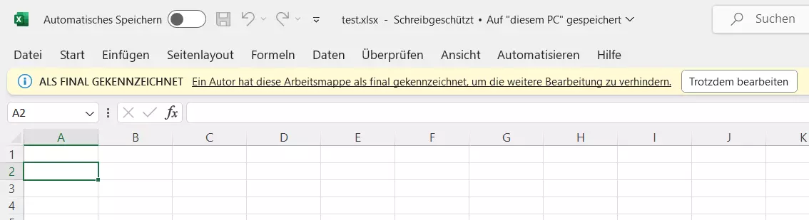 Statusleiste: Excel-Datei als final gekennzeichnet