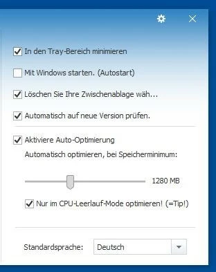 Optionsmenü von Wise Memory Optimizer