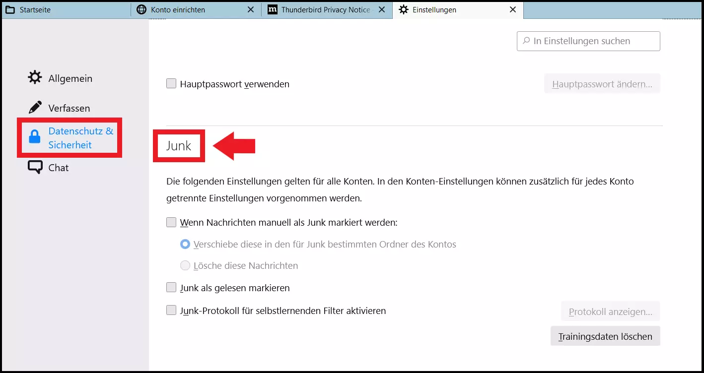 Thunderbird-Menü „Sicherheit“ mit dem Reiter „Junk“ und Einstellungen für den Spamfilter