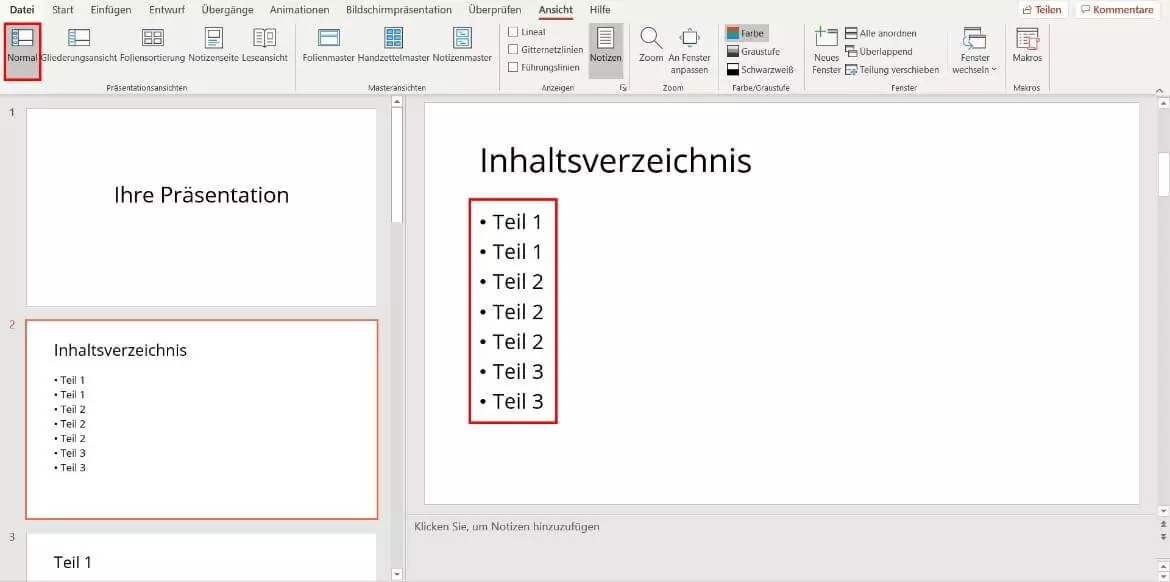 PowerPoint: Inhaltsverzeichnis einfügen