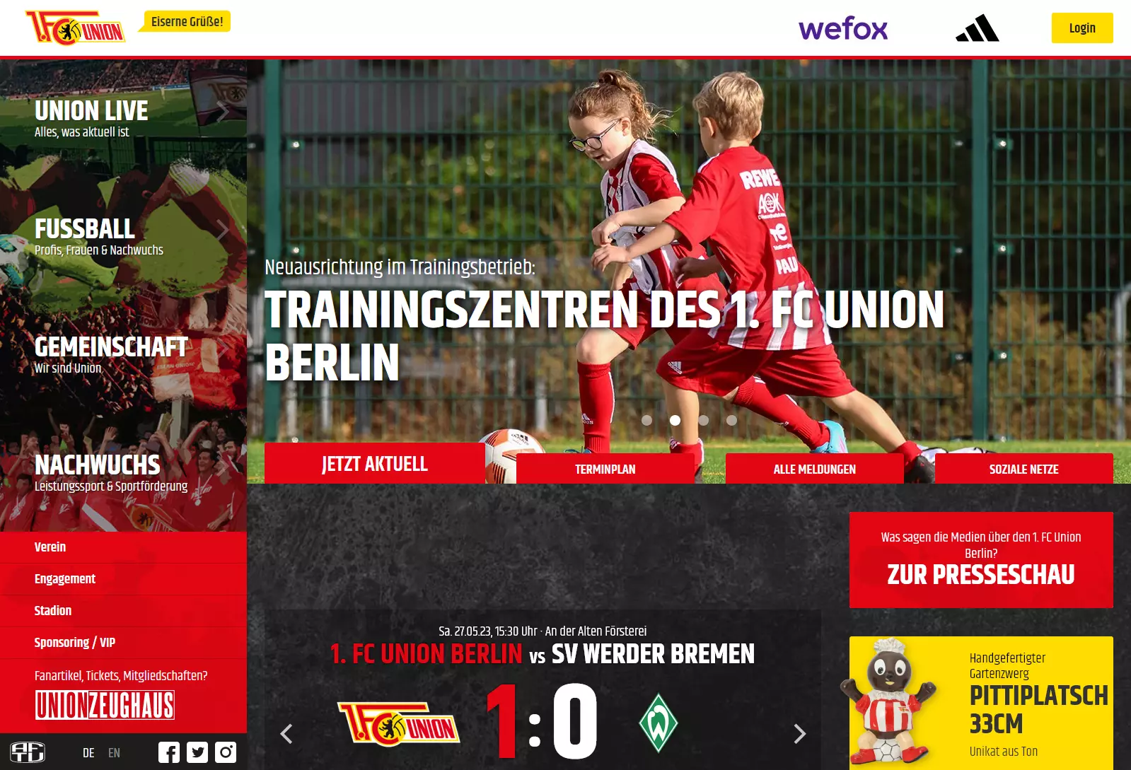 Screenshot der Webseite des 1. FC Union Berlin e. V.