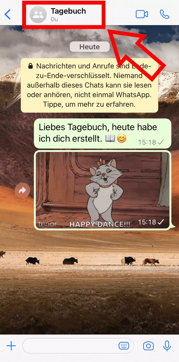 iPhone-Screenshot eines selbsterstellten Tagebuch-Chats in WhatsApp