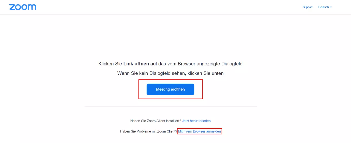 Zoom im Browser: „Meeting eröffnen“-Dialog