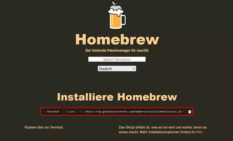 Screenshot der Homebrew-Website