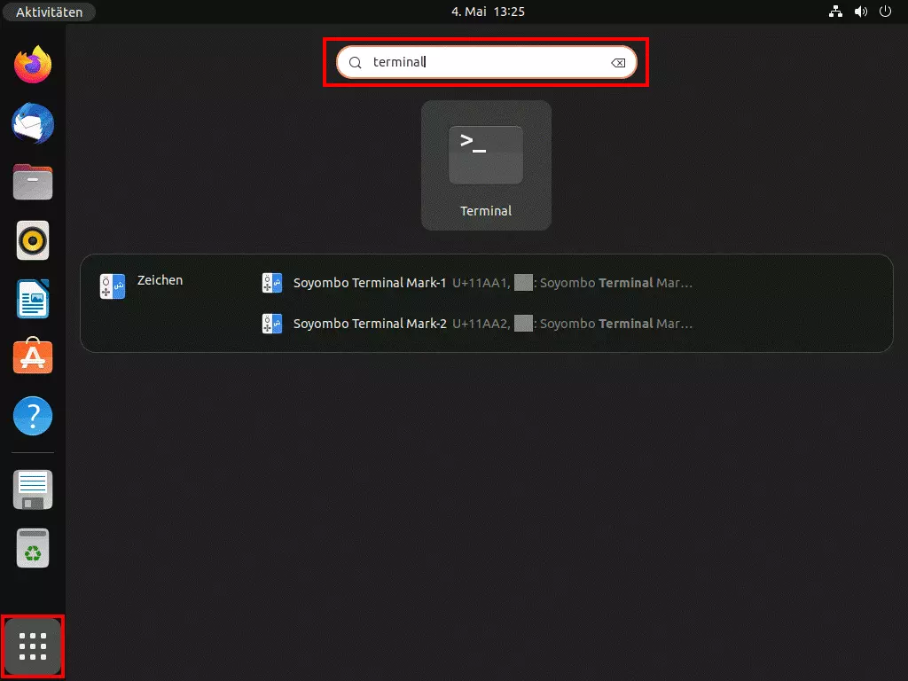 Ubuntu-Suchfunktion: Suche nach „Terminal“