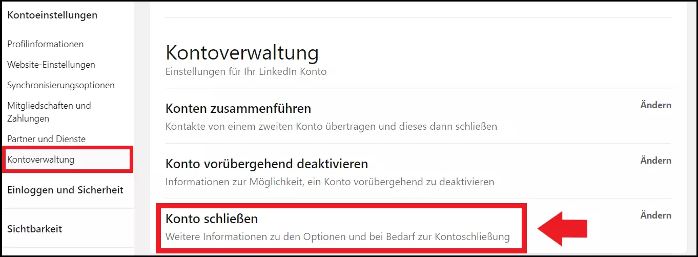 Gehen Sie zum Feld „Kontoverwaltung“ und wählen Sie „Konto schließen“.