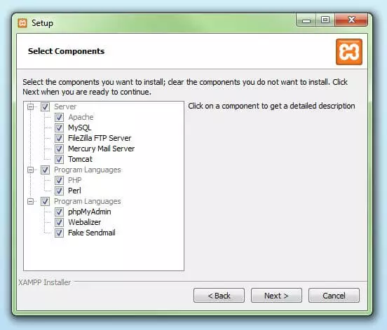 XAMPP Setup: Dialogfenster zur Auswahl der Software-Komponenten