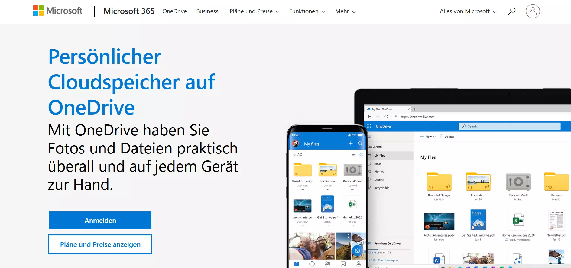 Screenshot der Vorstellungsseite von OneDrive