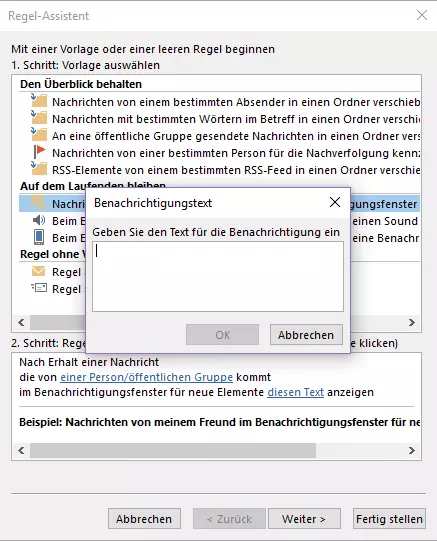 Outlook Regel-Assistent: Dialogfenster „Benachrichtigungstext“