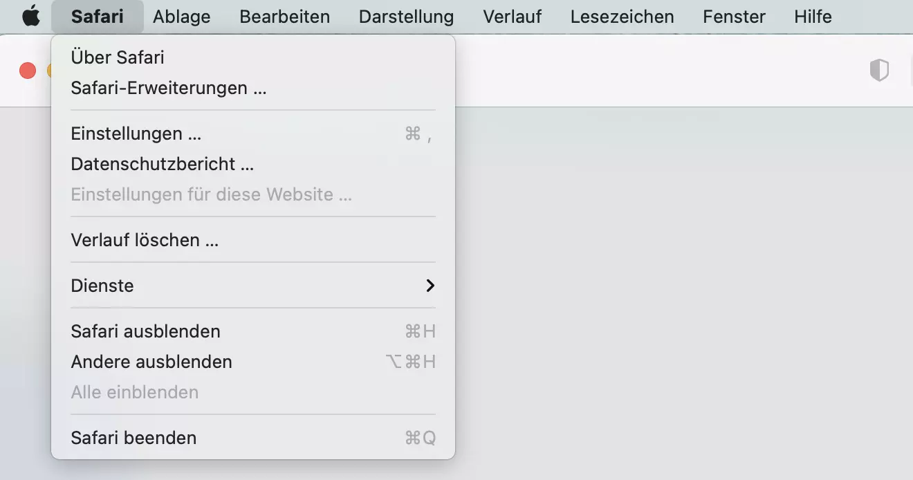 Screenshot des Menüs in Safari