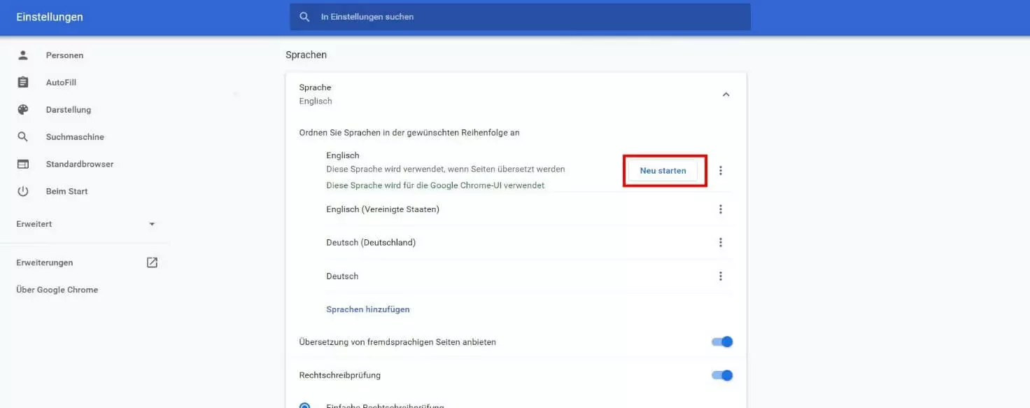 Spracheinstellungen im Browser Google-Chrome