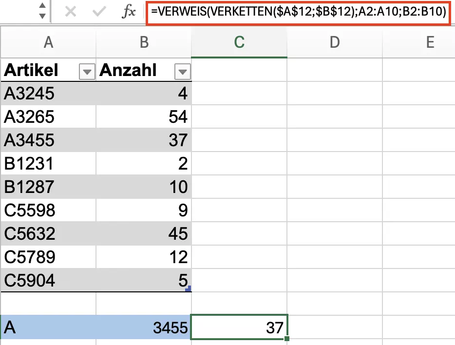 VERWEIS in Excel: Kombination mit VERKETTEN