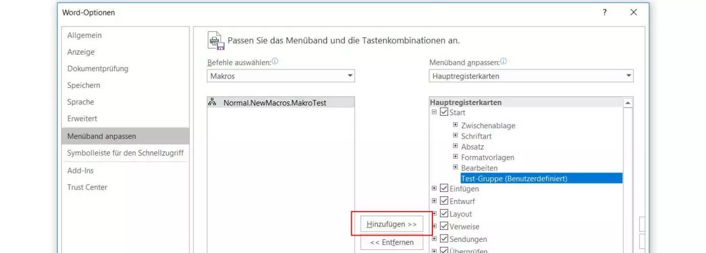 Makro in Word zu Registerkarte hinzufügen