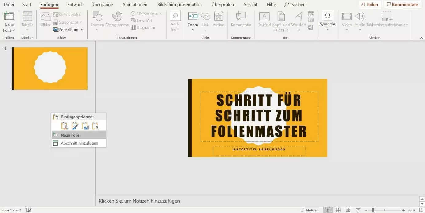 Einfügen über Rechtsklick in das Strukturfeld PowerPoint 2019