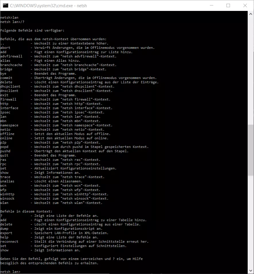 Befehle im Netsh-Kontext „LAN“