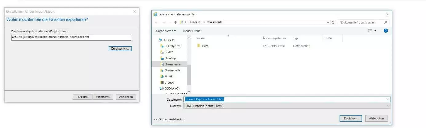 Internet Explorer 11: Speichern der Lesezeichendatei