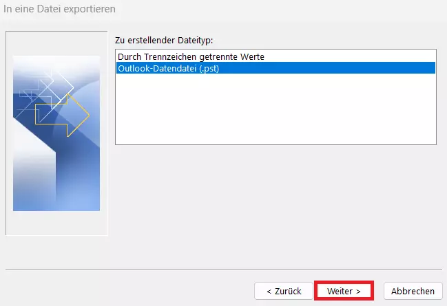 Outlook: Import/Export-Assistent, in PST-Datei exportieren