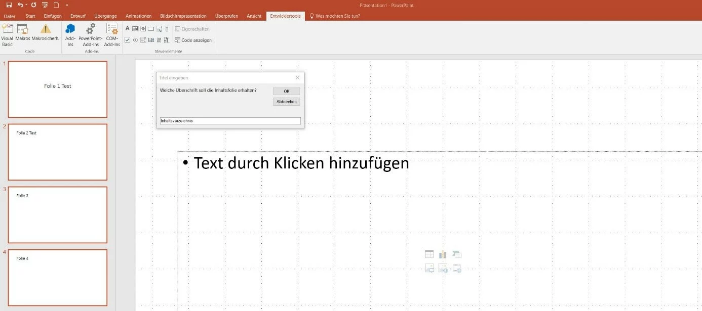 PowerPoint 2016: Makro-Dialogfenster „Titel eingeben“