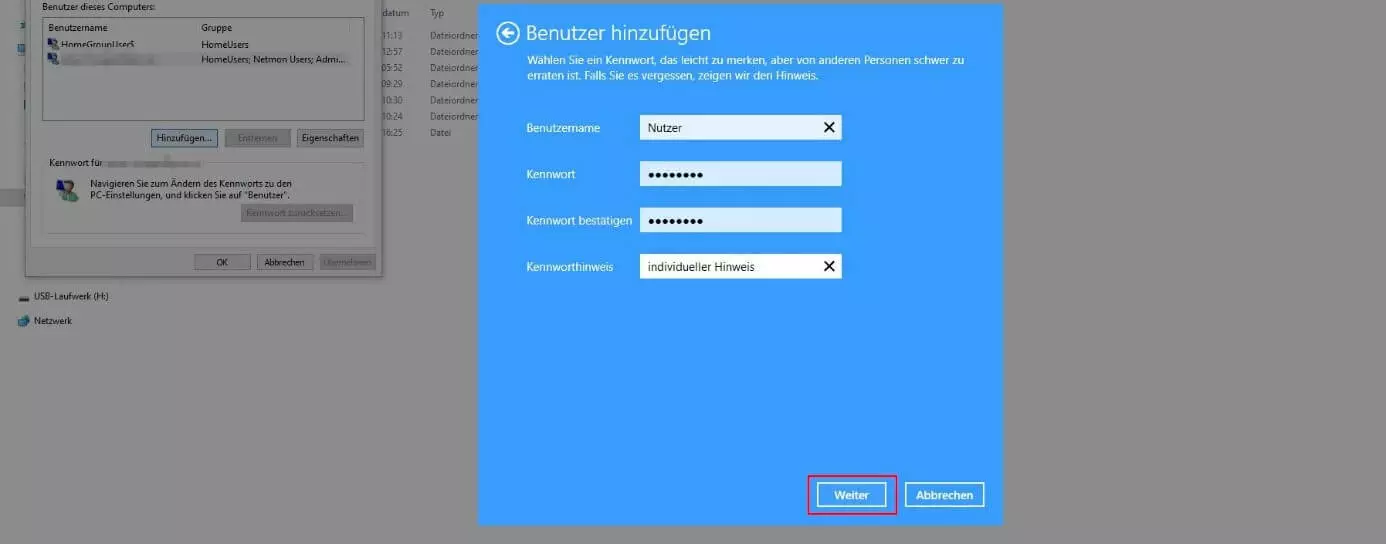 Windows 10 Menü "Benutzer hinzufügen"