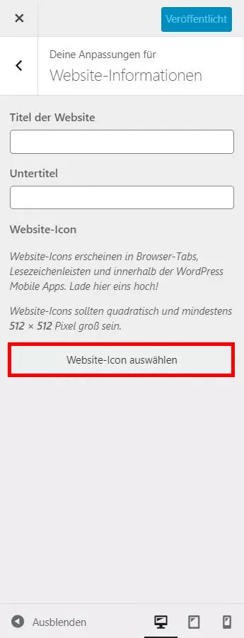 Favicon in WordPress einfügen: Menü im Customizer