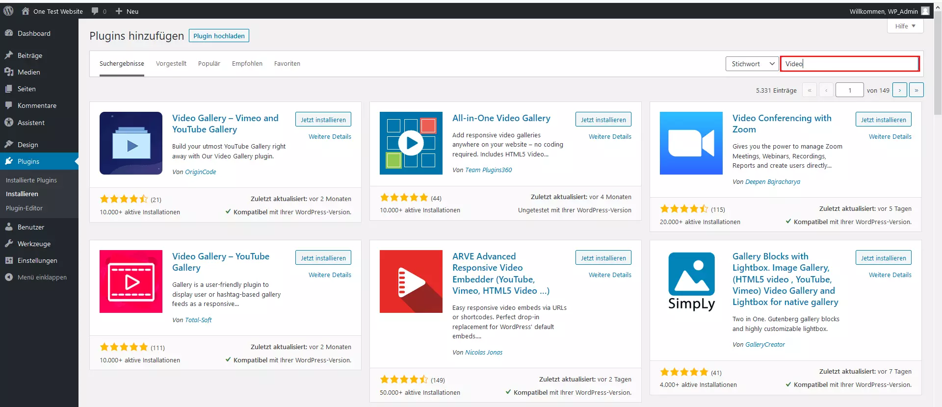 Ansicht verfügbarer Video-Plugins im WordPress-Backend