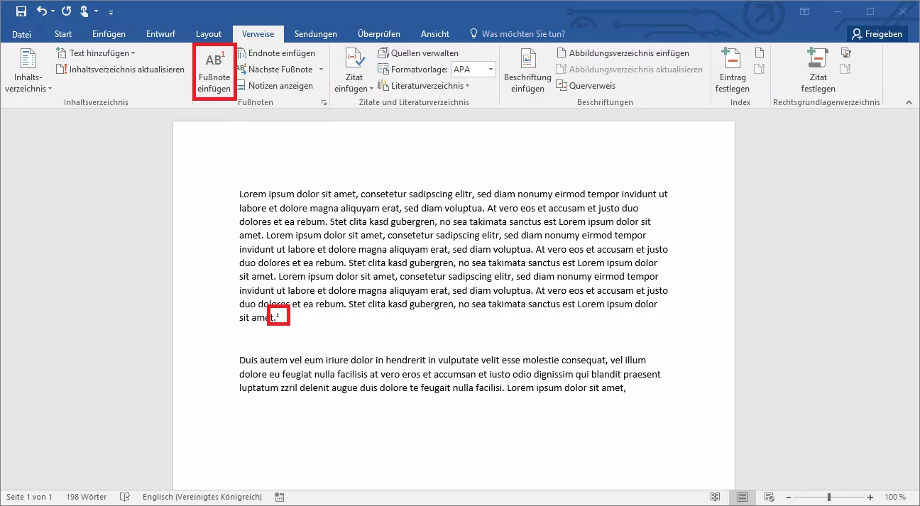 Fußnote bei Word 2019 einfügen