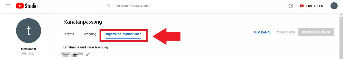 YouTube-Kanalanpassung: Reiter „Allgemeine Informationen“
