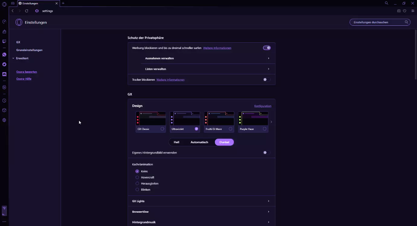Die Design-Einstellungen des Opera GX im Überblick