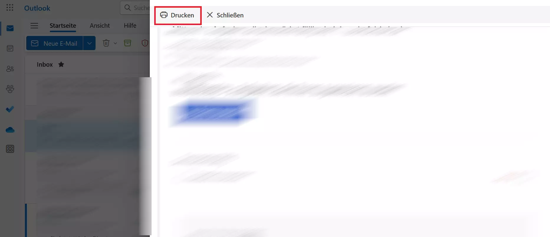 Die E-Mail wird nochmals vollständig angezeigt, oben kann jetzt „Drucken“ angeklickt werden.