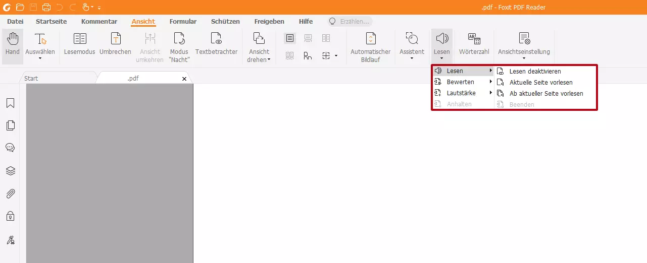 Foxit PDF Reader: Weitere Aktionen dem Aktivieren der Sprachausgabe unter „Lesen“