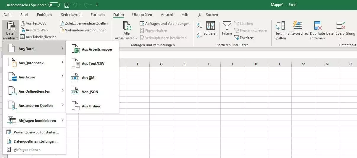 Menü zum Import von Daten in Excel 2016