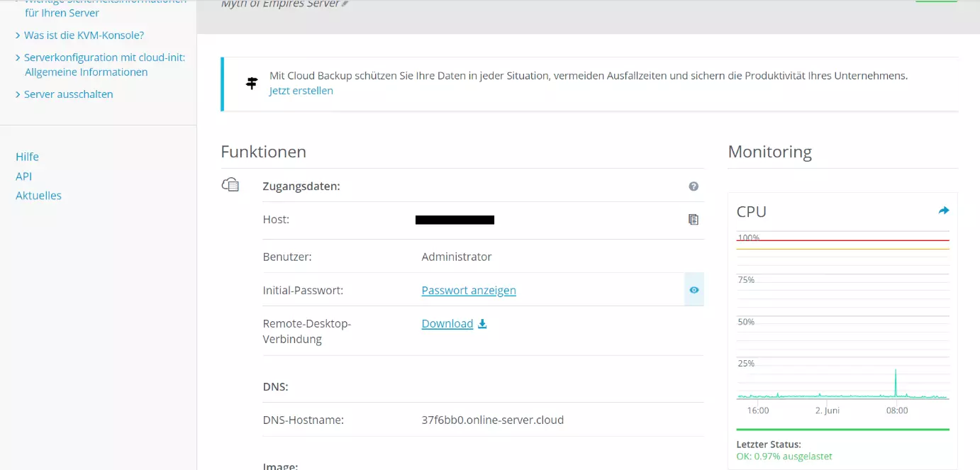 Serveransicht im IONOS Cloud Panel