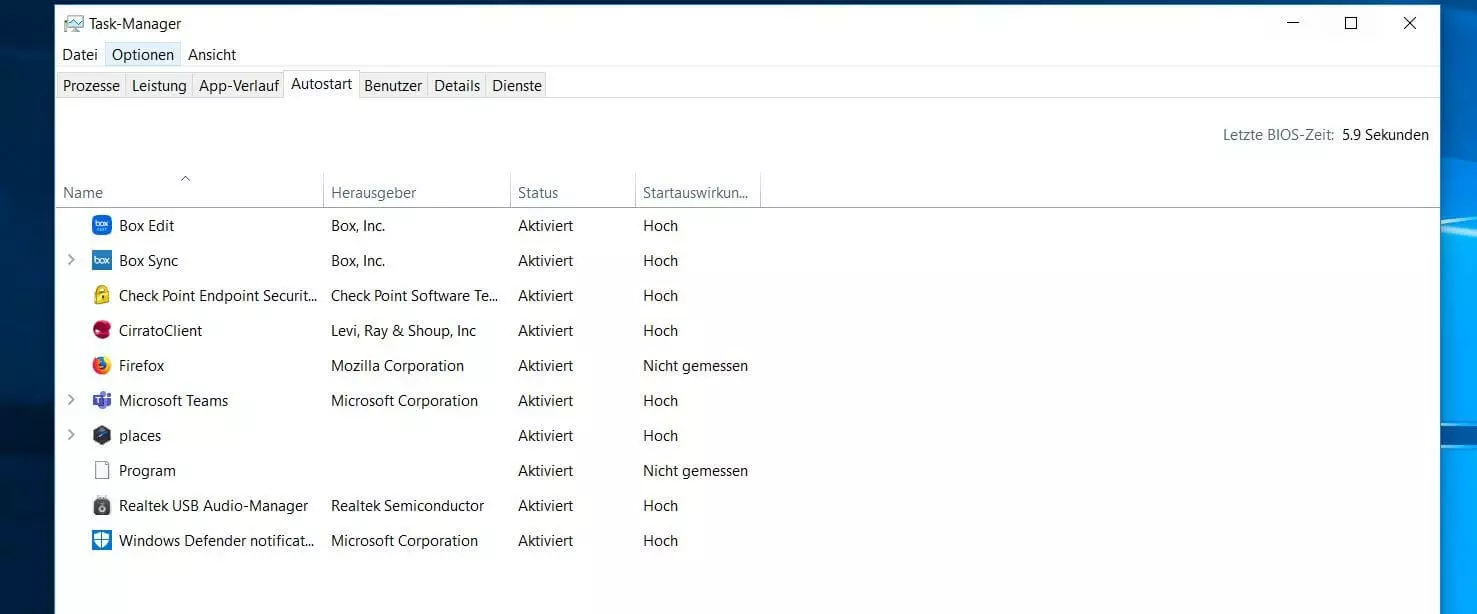Autostart-Tab im Task-Manager von Windows 10