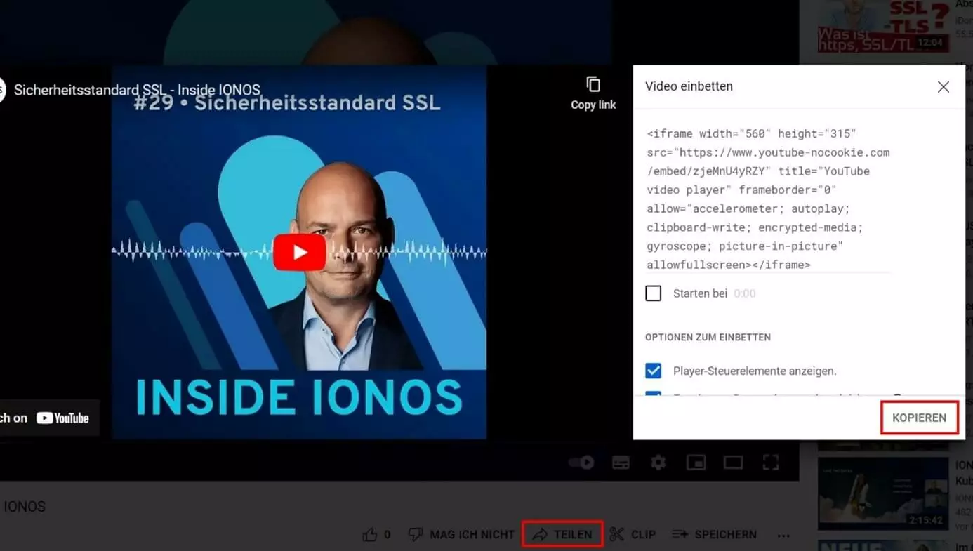 Einbettungscode in YouTube kopieren