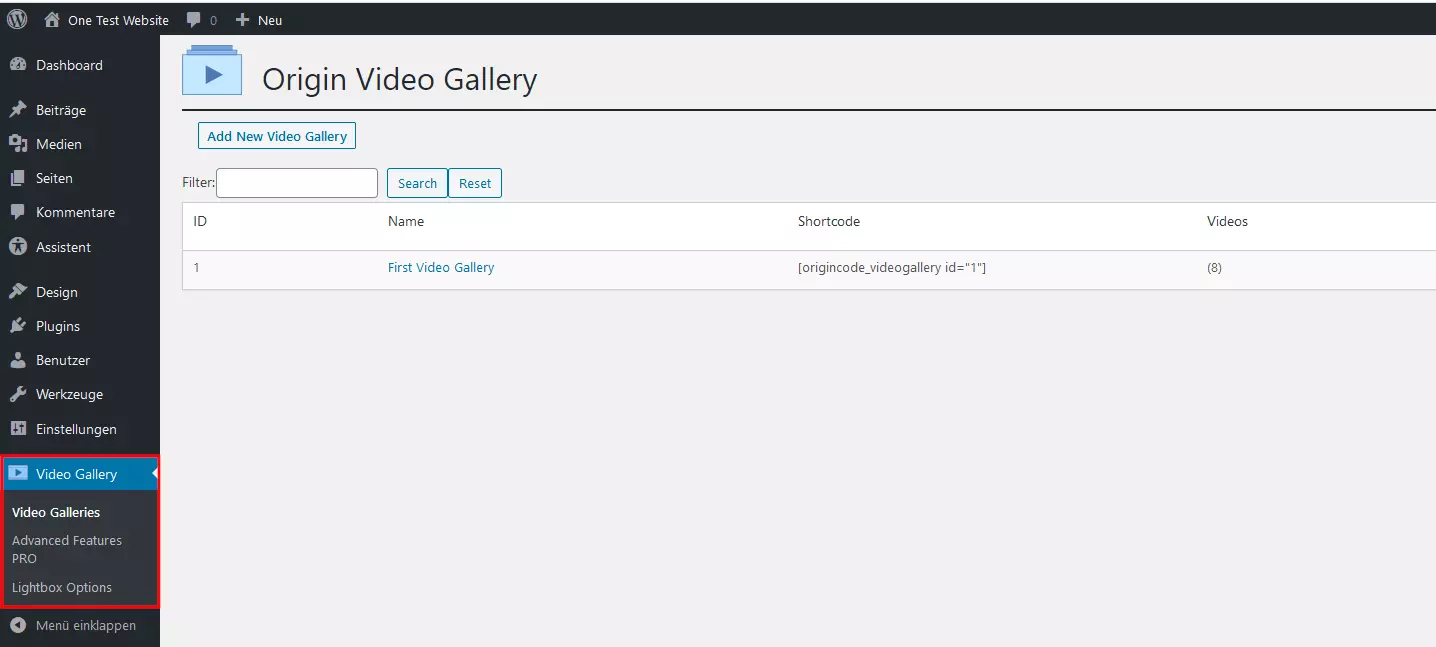 Menü des Plugins „Video Gallery“ im WordPress-Backend