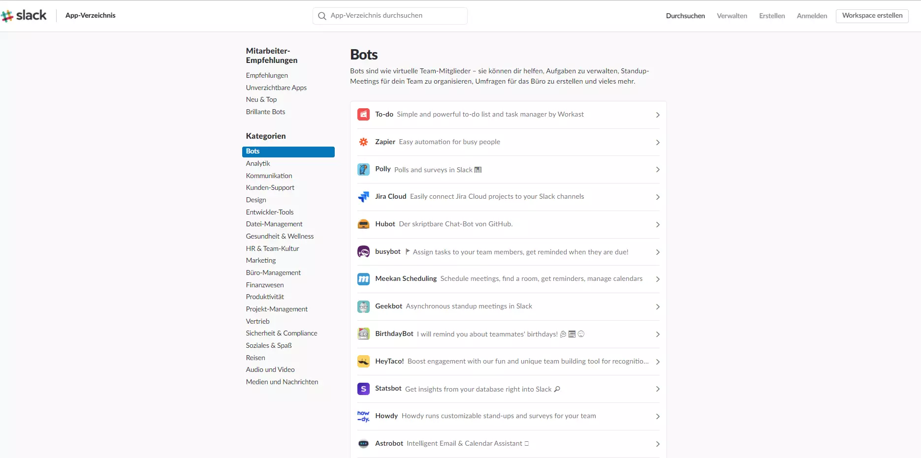 Auflistung verschiedener Slack-Bots