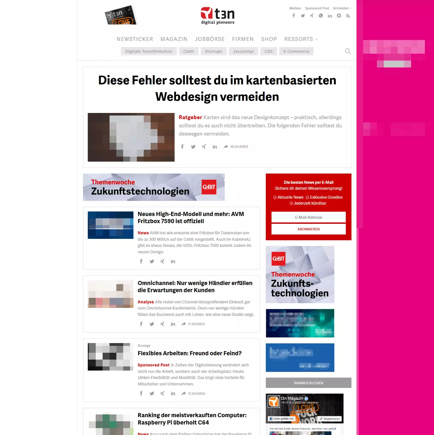 Die Startseite des Magazins t3n