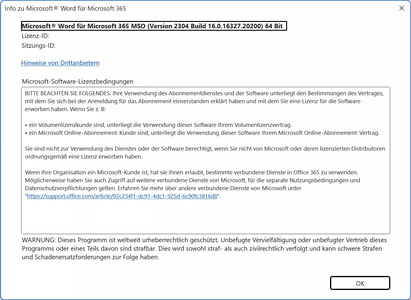 Microsoft Office: Das Dialog-Fenster „Info zu …“