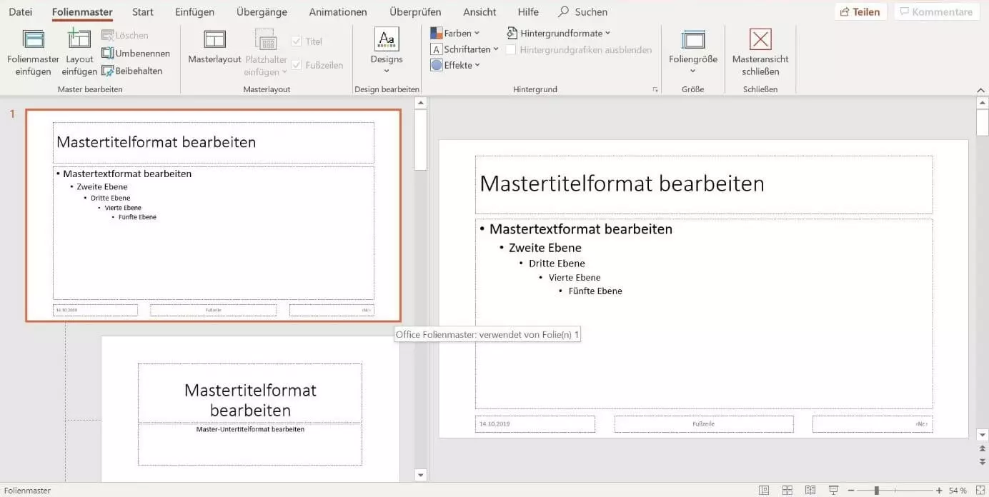 Die Masterfolie als übergeordnete Folie bei PowerPoint 2019