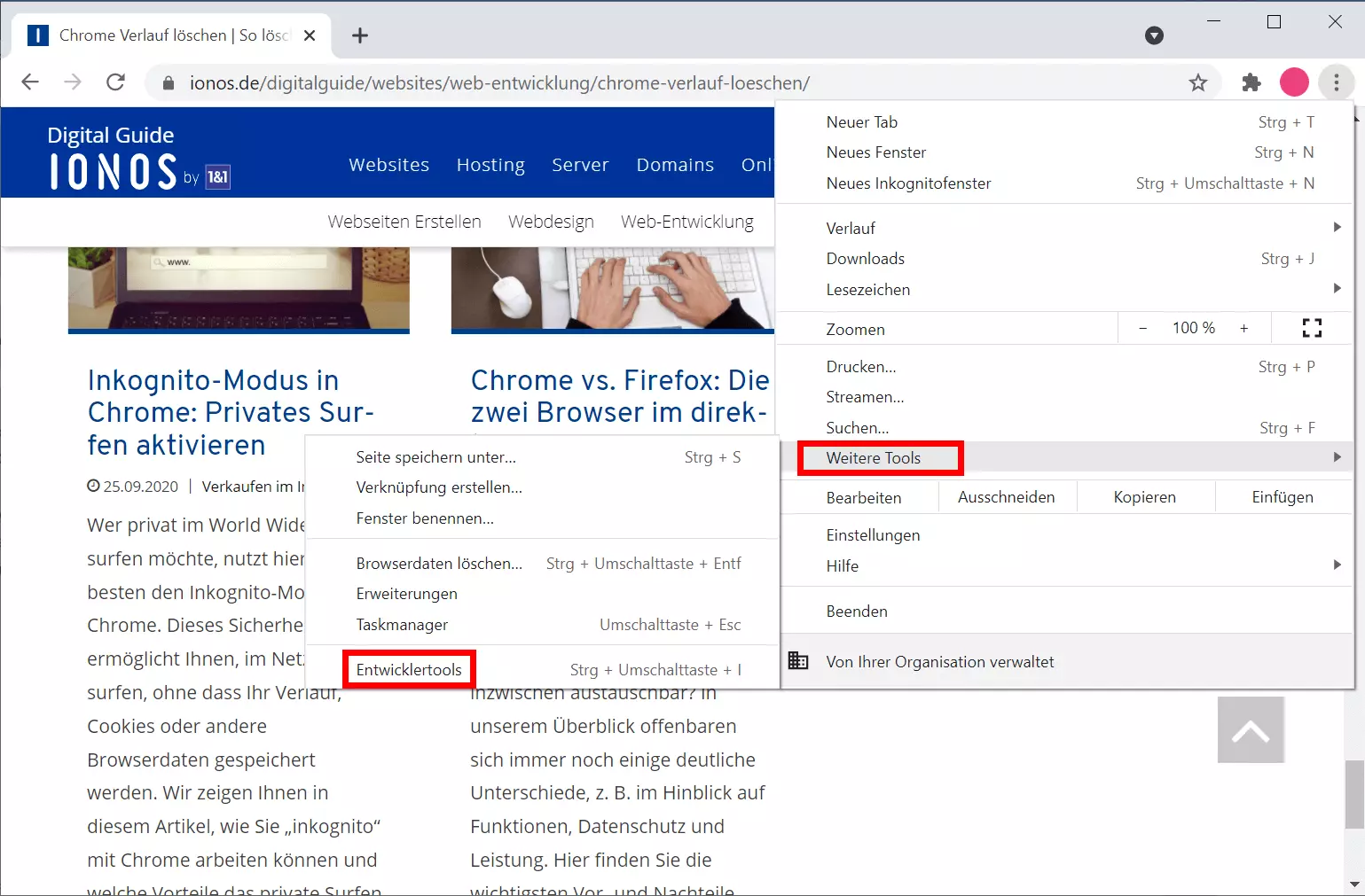 Screenshot der Option Entwicklertools bei Chrome