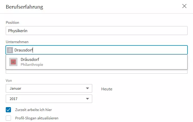 Bearbeitungsansicht des Menüs „Berufserfahrung“ bei LinkedIn