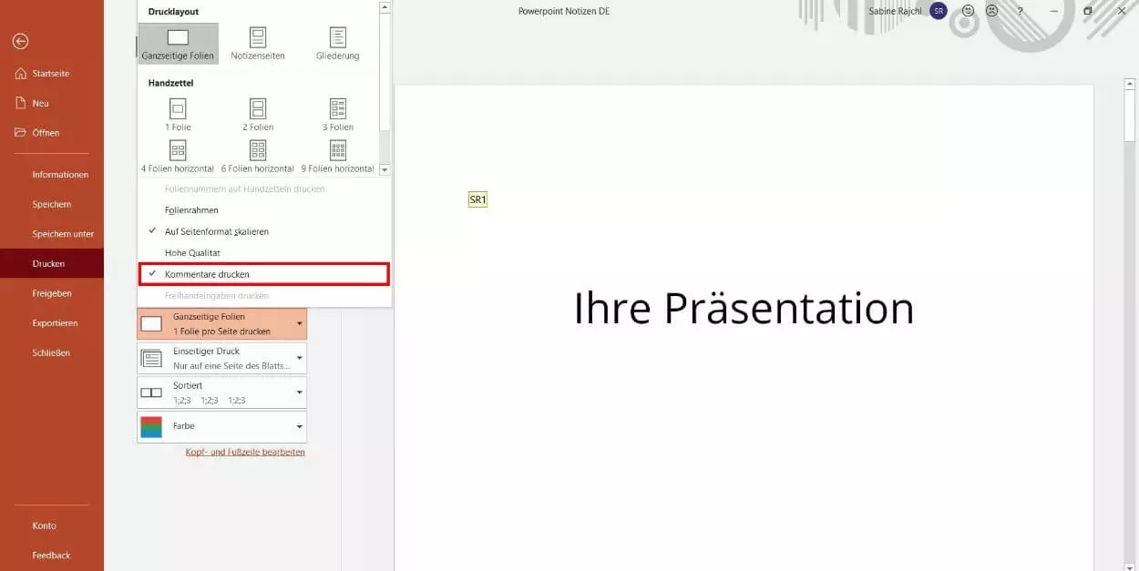 PowerPoint-Druckoptionen: Kommentare drucken