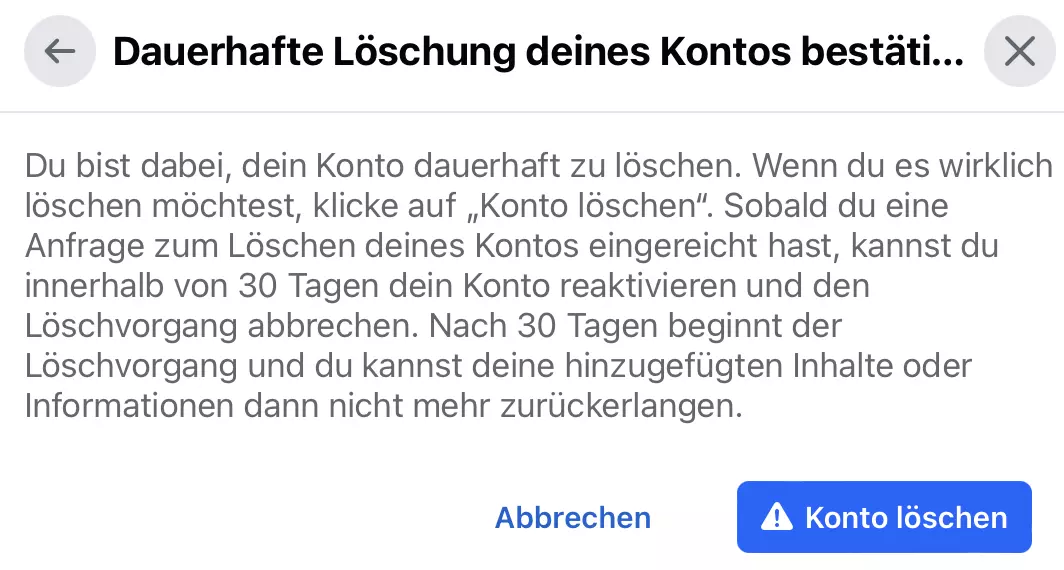 Facebook: Kontolöschung bestätigen