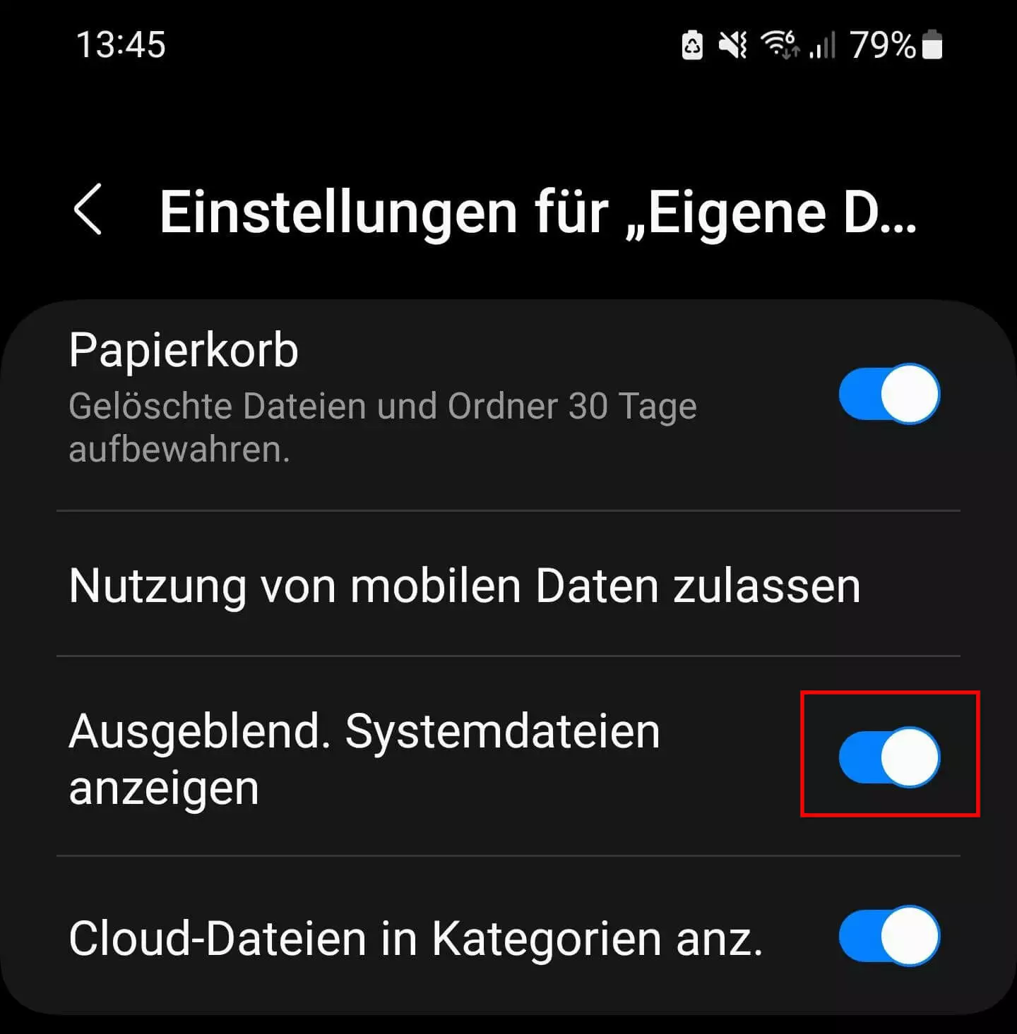 Android-Option „Ausgeblend. Systemdateien anzeigen“