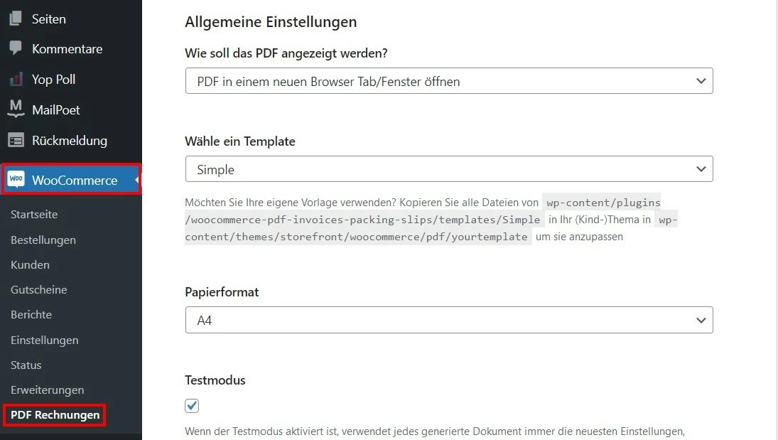 Menü „Allgemeine Einstellungen“ des WooCommerce-Plugins WooCommerce PDF Invoices & Packing Slips