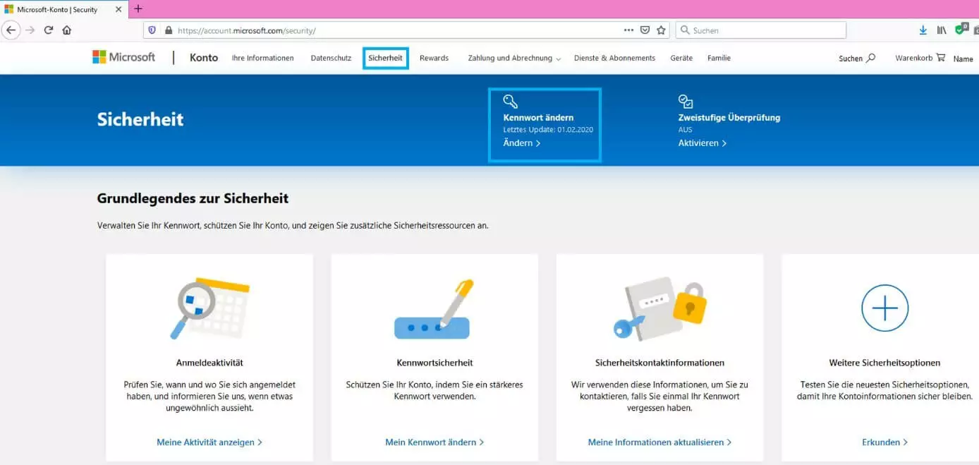 Passwort online ändern im Microsoft-Konto