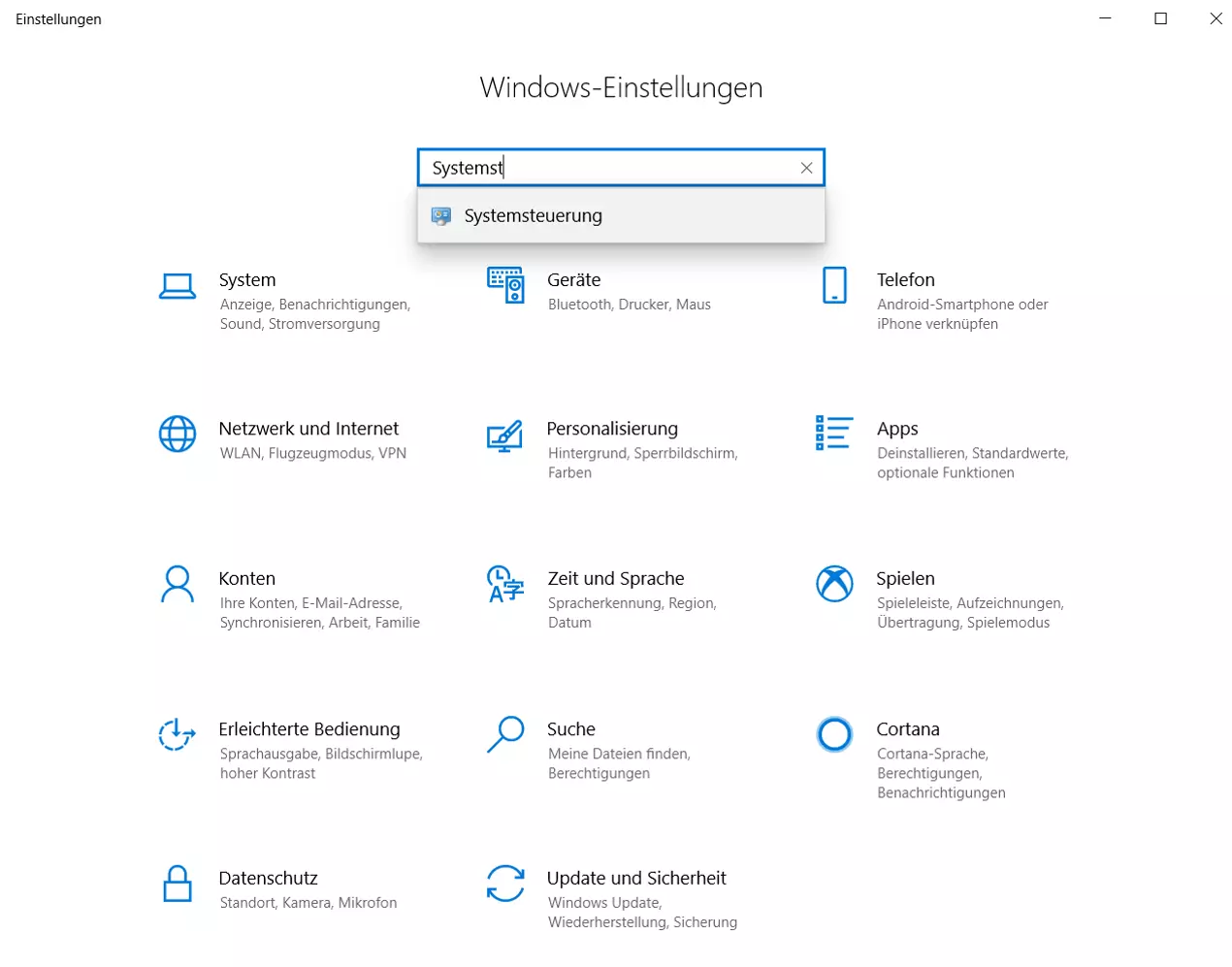 Systemsteuerung, aufgerufen über das Suchfeld in den Windows-Einstellungen