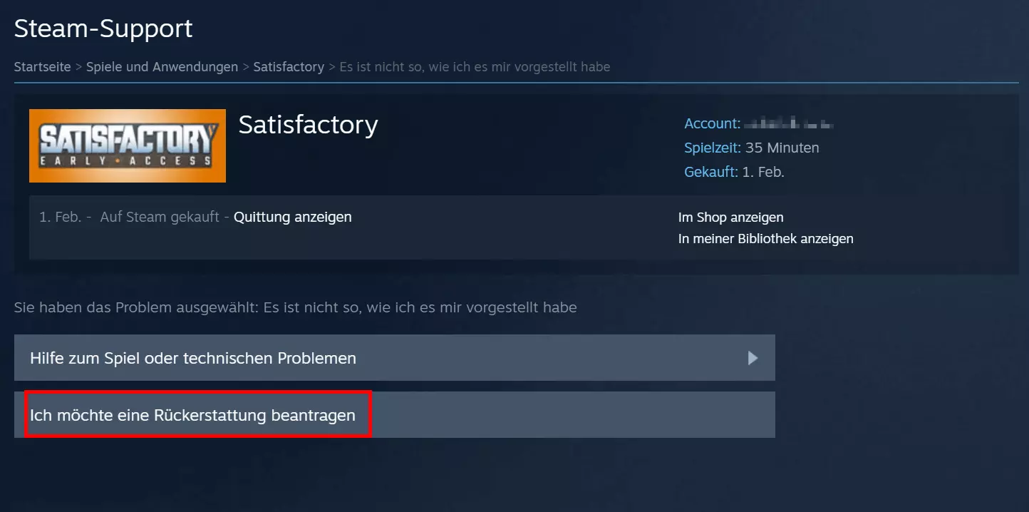 Steam-Support mit Spieledetails