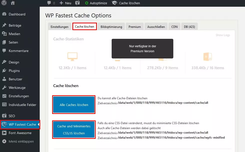 WP Fastest Cache: Weg über die Optionen, den WordPress-Cache zu löschen